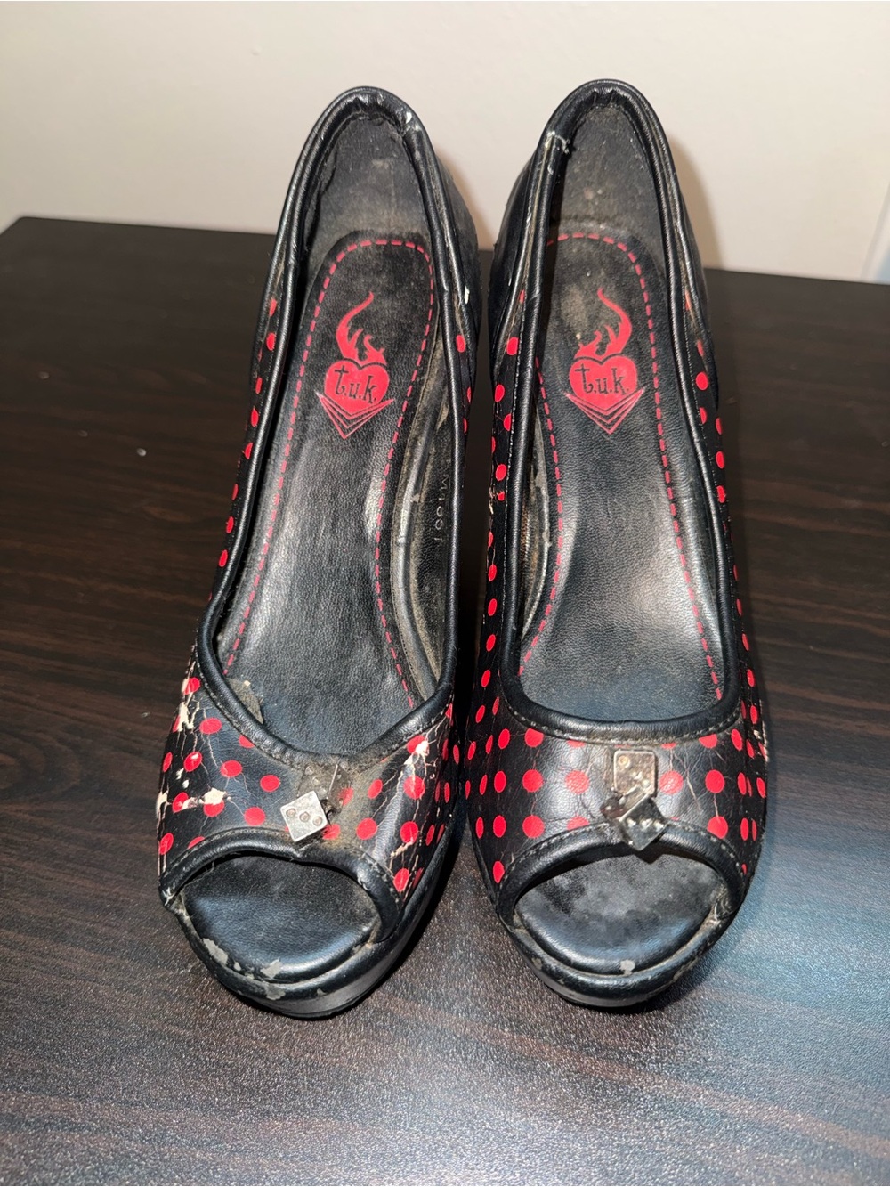 T.U.K Black with Red Polka Dot Peep-Toe Heels